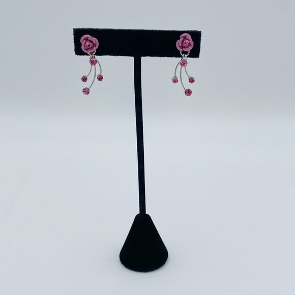 Pink Rose Rhinestone Dangle Earrings - Picture 5 of 6
